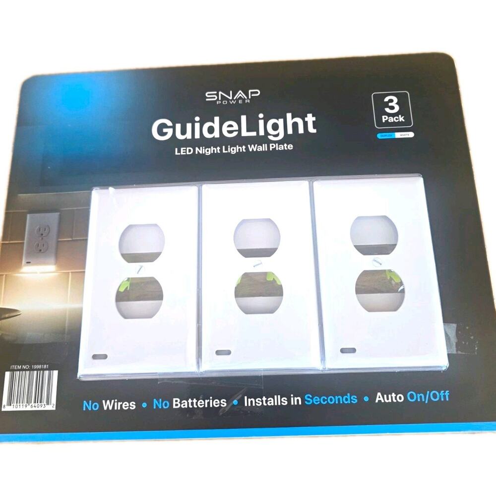 SnapPower GuideLight LED Night Light Wall Plate, Auto On/Off, White Duplex 3pk